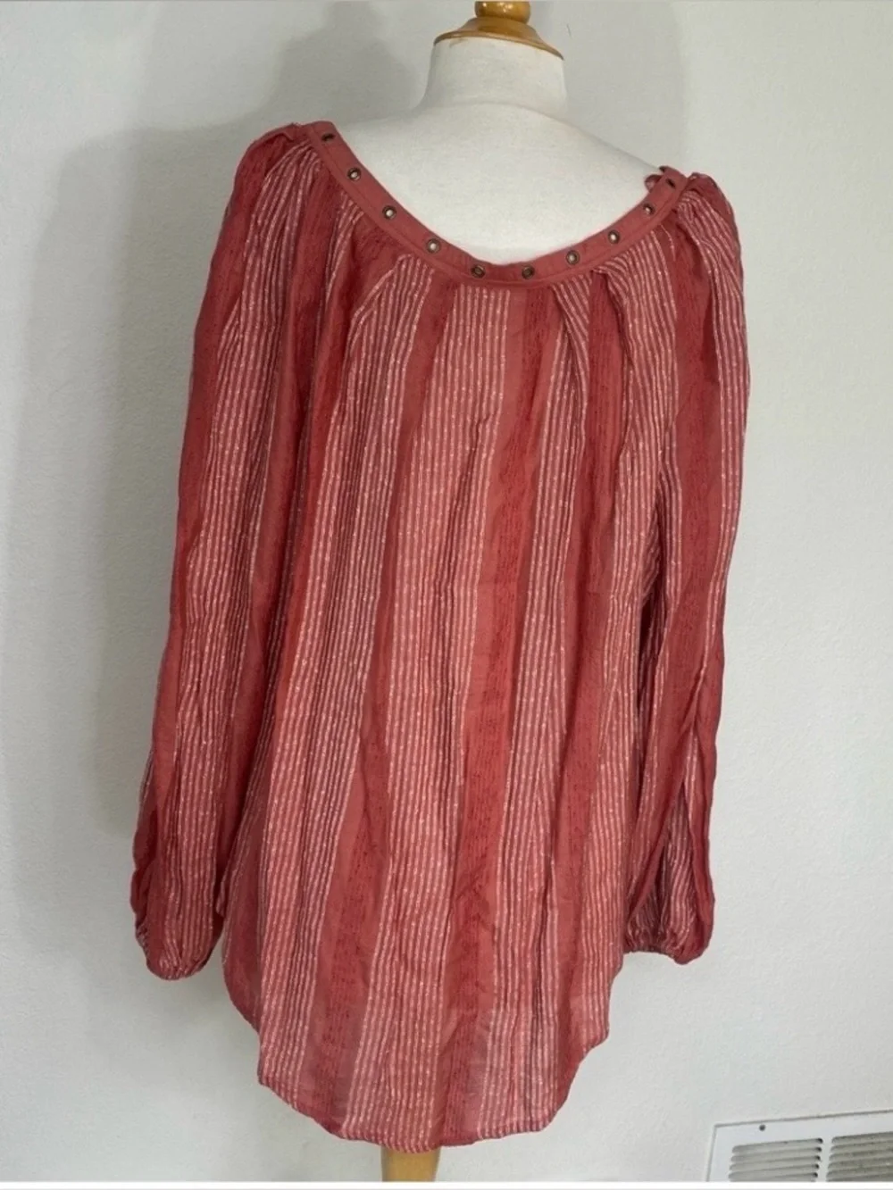 Free People Women Burnt Red Stripe Gauzy Peasant Oversize Blouse Size Large Boho